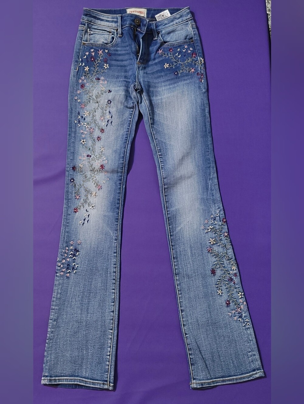 DRIFTWOOD Light Blue Flare Jeans with Floral Embroidery